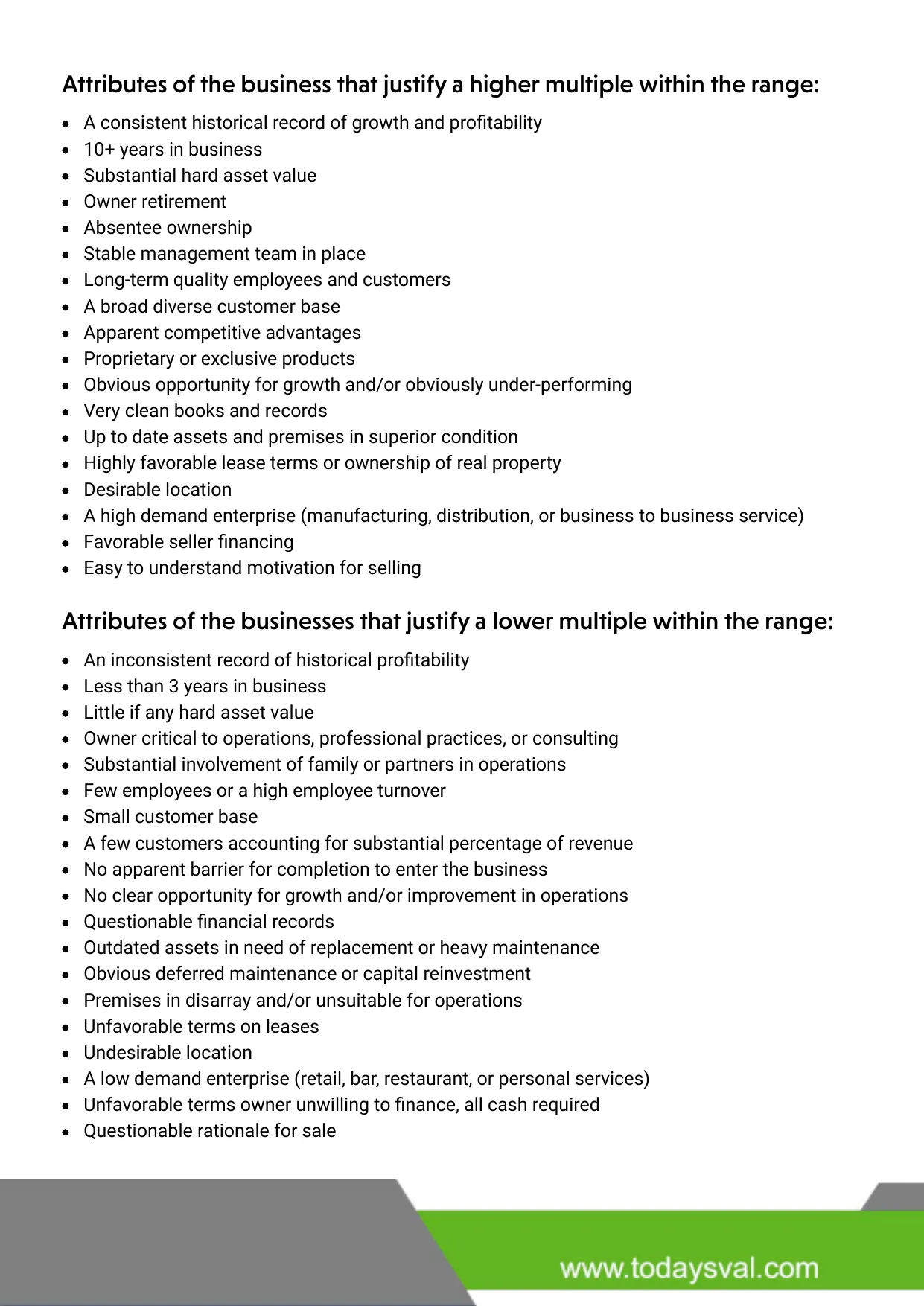 Report page 2: two bulleted lists, the business attributes that justify a higher multiple within the industry range and those that justify a lower one.