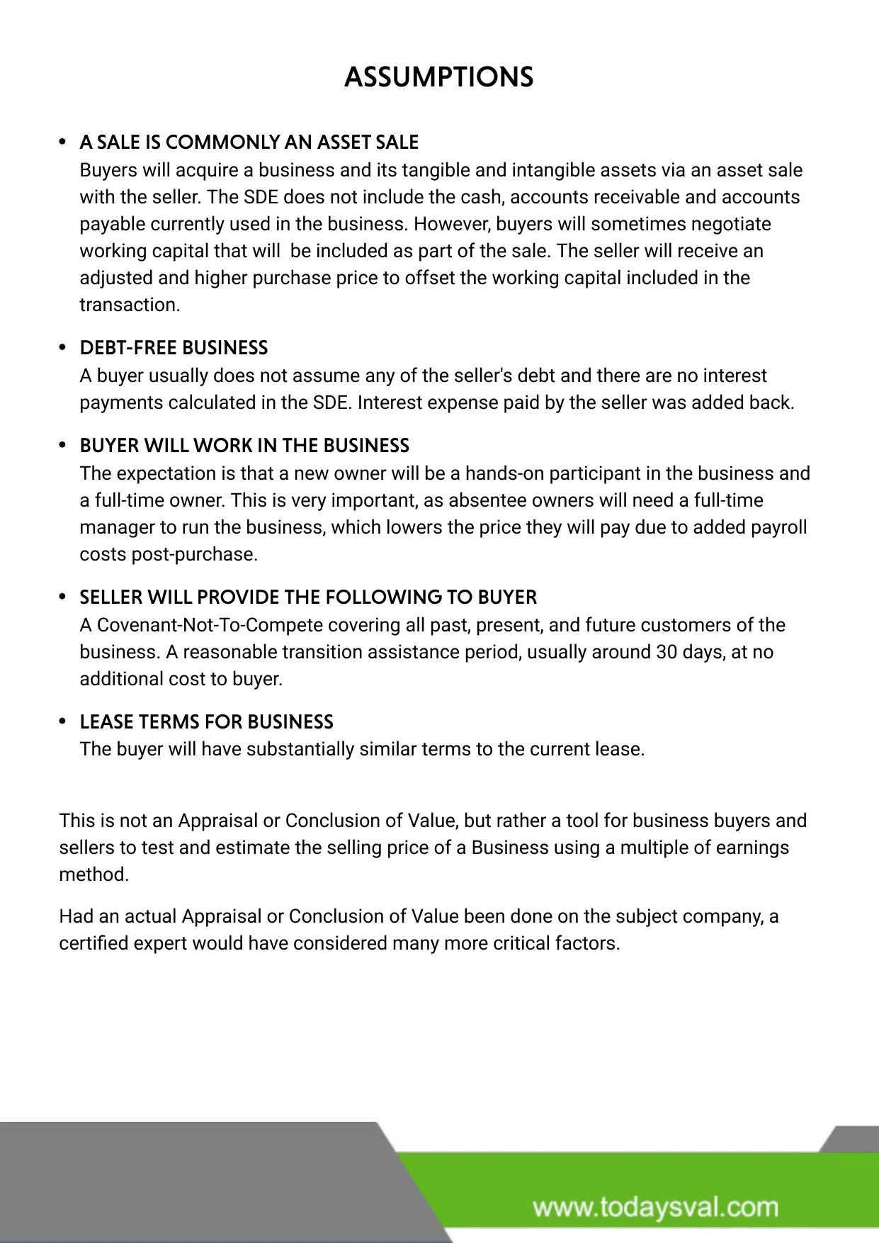 Report page 5: the Assumptions the valuation rests on — an asset sale, a debt-free business, a buyer who works in the business, what the seller provides, and lease continuity — with a note that the result is an estimate, not a certified valuation.