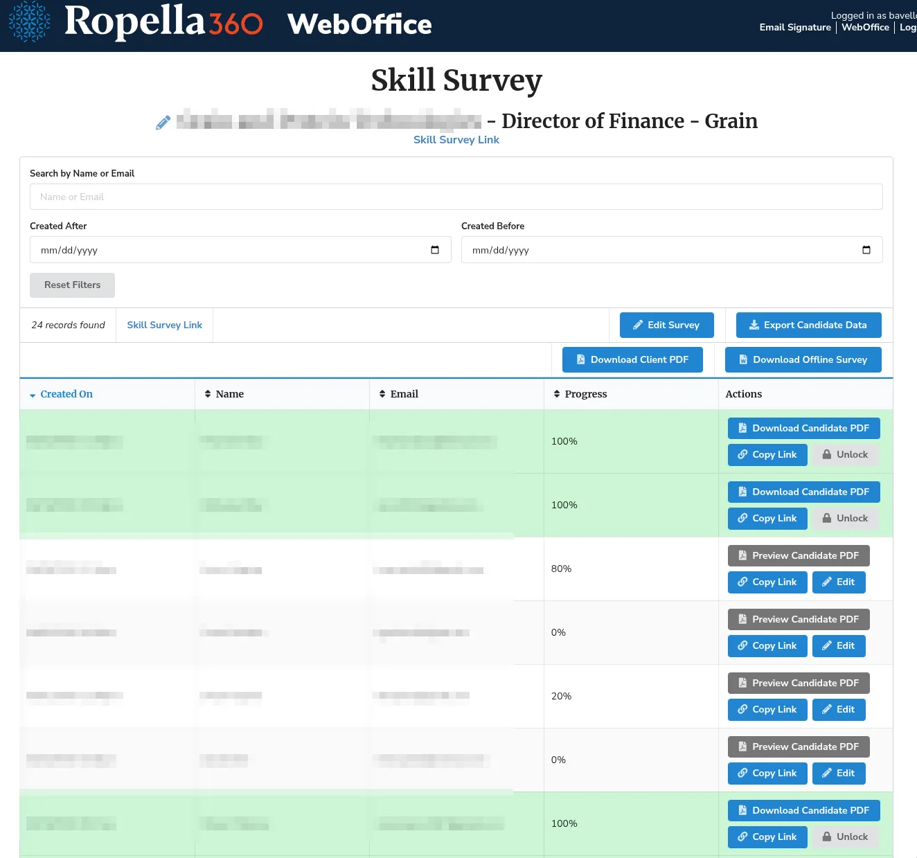 The Skill Survey console in Ropella360 WebOffice: a per-search roster of candidate assessments with search and date filters, each row showing creation date, name, email, and a completion percentage, plus per-candidate actions to download or preview the PDF, copy the survey link, edit, or unlock; completed rows are highlighted green.